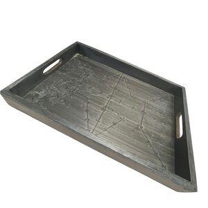 Rustic Industrial Metal & Wood Serving Tray with Handles Distressed Gray Finish